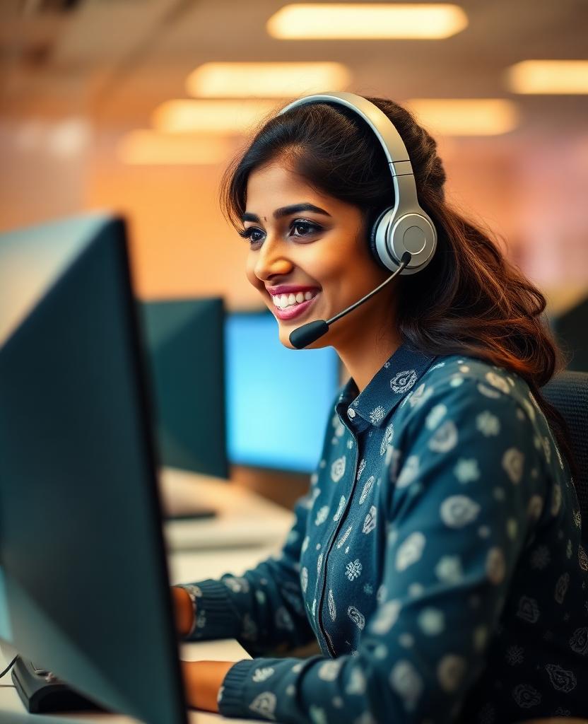 A domestic BPO trainee on a headset call at a contact-centre workstation