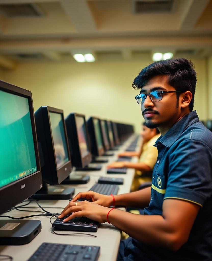 A student practising at a desktop in a basic computer training classroom