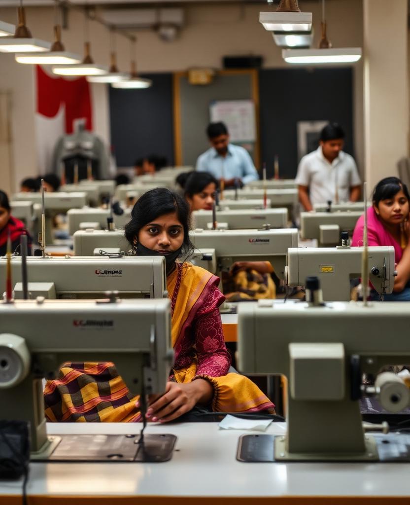 Apparel manufacturing trainees at industrial sewing stations