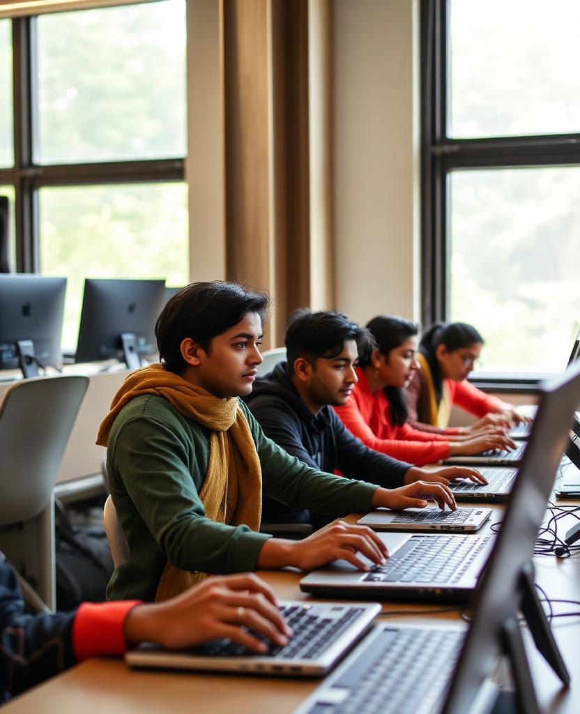 Young IT trainees coding on laptops in a modern training lab