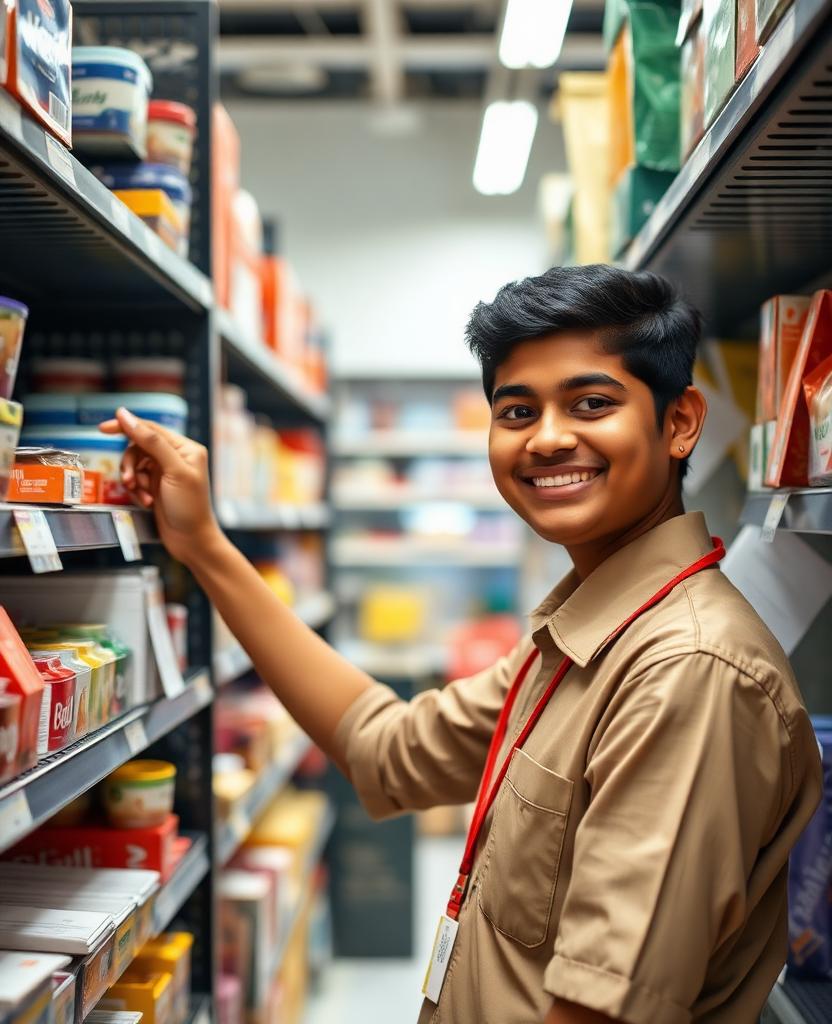 A retail trainee organising merchandise in a mock store training lab
